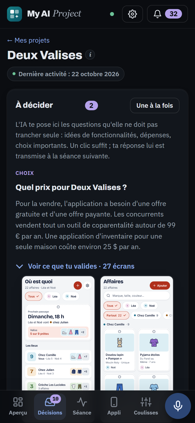 Vue téléphone de My AI Project permettant de prendre une décision sur un projet