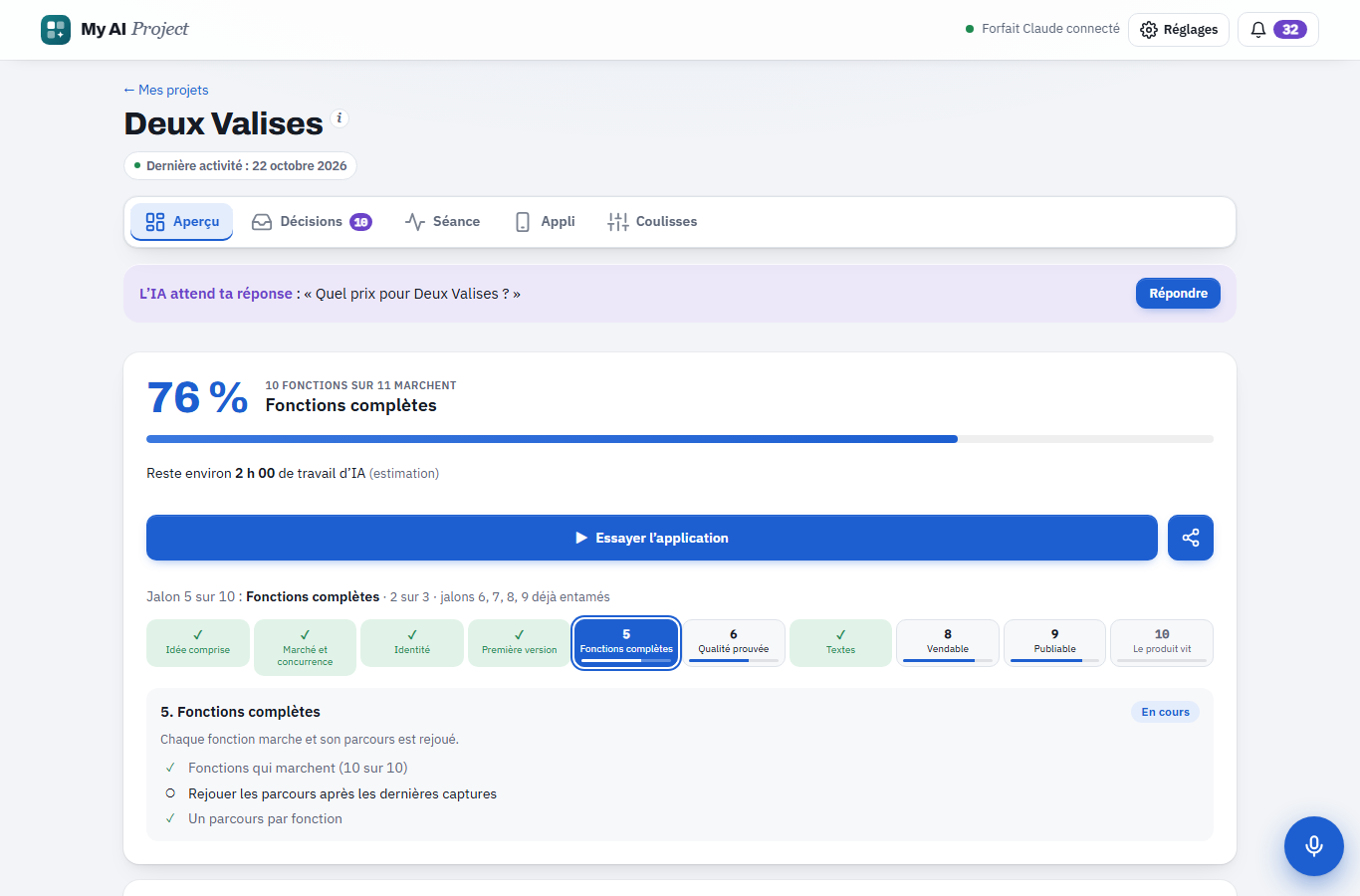 Vue ordinateur de My AI Project montrant la progression d’un produit en dix jalons