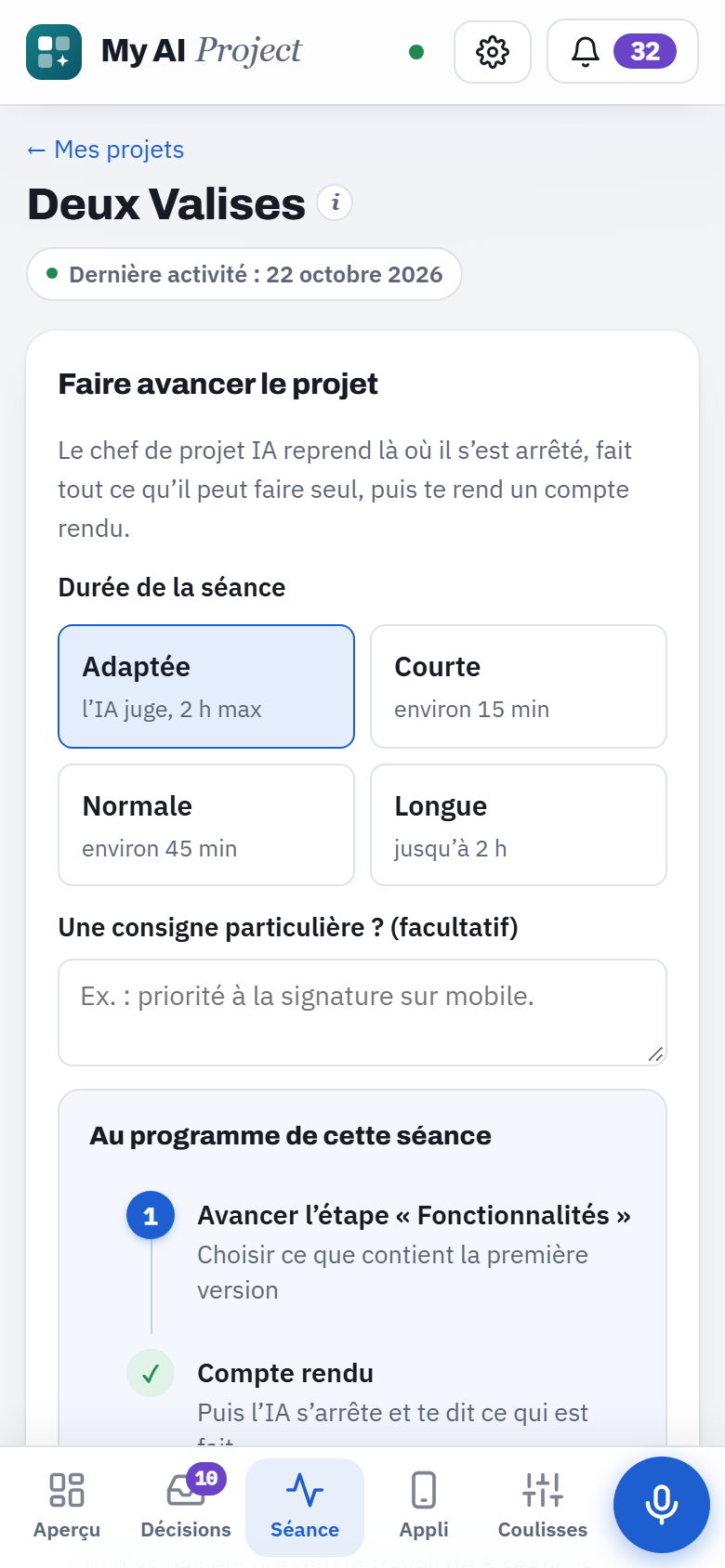 Écran mobile pour lancer et suivre une séance de travail